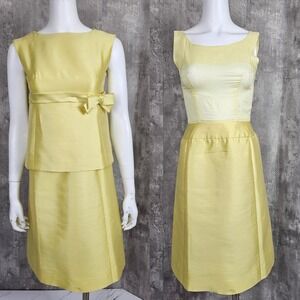 Vintage 60s Joan Leslie By Kasper‎ Yellow Dress Set Sleeveless Bow Detail